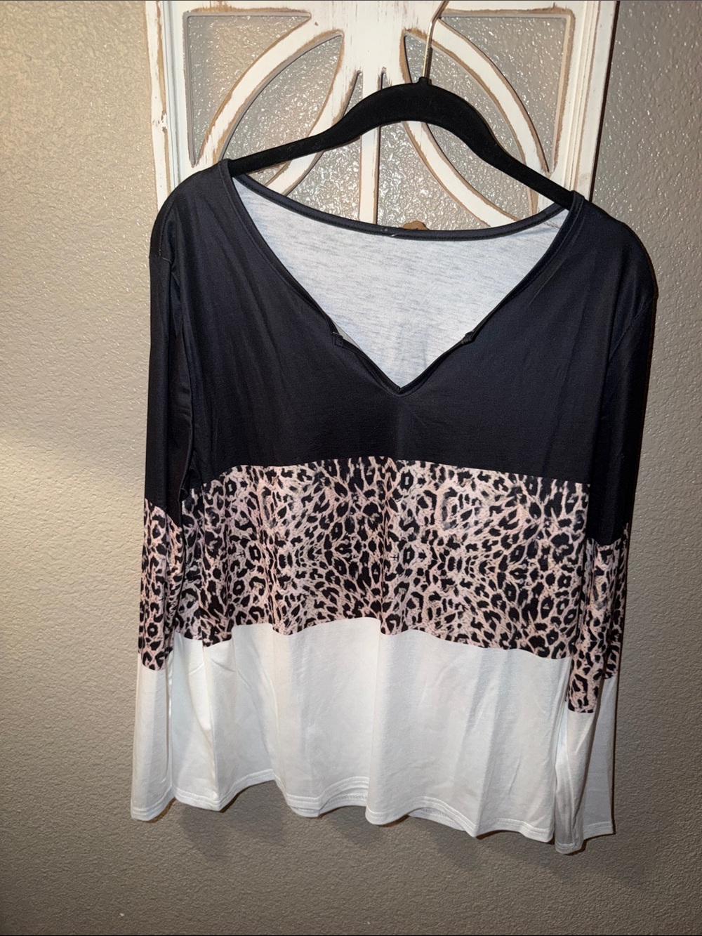 Women's Black & White Colorblock Top with Leopard Accent
